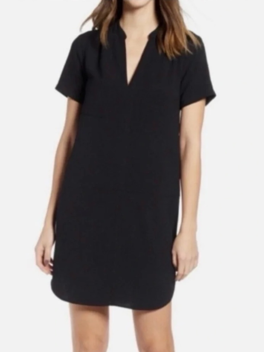 Lush Black Crepe Style Short Sleeved V-Neck Midi Dress Women's Med Minimalist